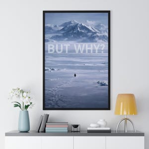 May include: Framed art print featuring a snowy landscape with mountains and a lone figure. The text "BUT WHY?" is displayed in white across the sky. The artwork is in a black frame.