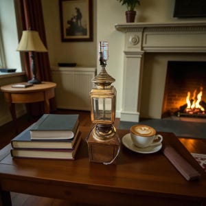 May include: A brass and glass lantern-style lamp with a wooden base sits on a dark brown table. A stack of books, a cup of coffee, and a small side table with a lamp are also visible. A fireplace with a burning fire is in the background.