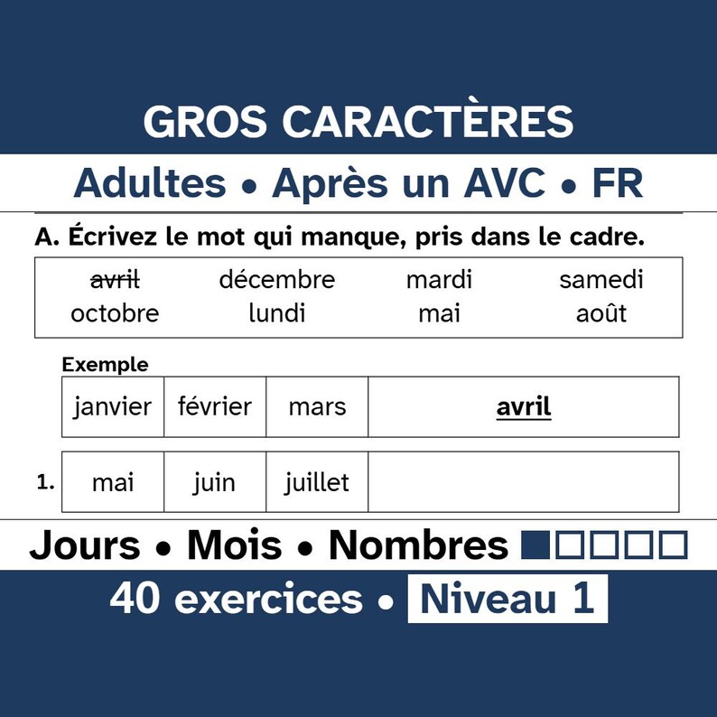 Exercices aphasie gros caractères, jours mois nombres, adultes après un AVC et seniors, séries automatiques niveau 1 image 9