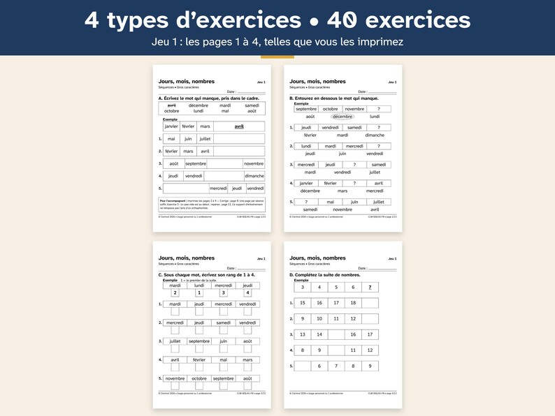 Exercices aphasie gros caractères, jours mois nombres, adultes après un AVC et seniors, séries automatiques niveau 1 image 3