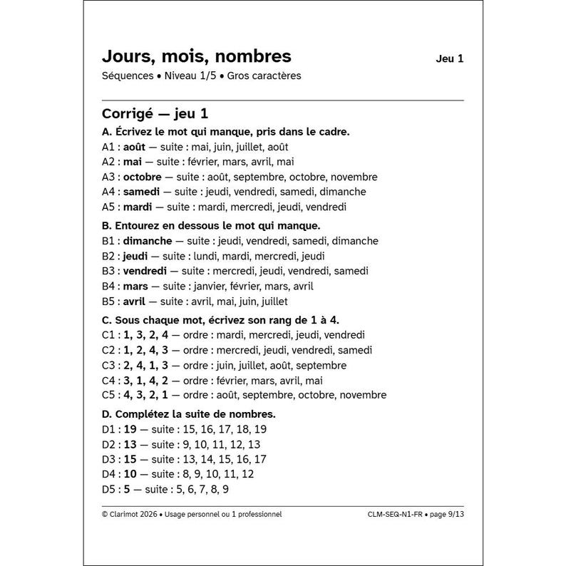 Exercices aphasie gros caractères, jours mois nombres, adultes après un AVC et seniors, séries automatiques niveau 1 image 8