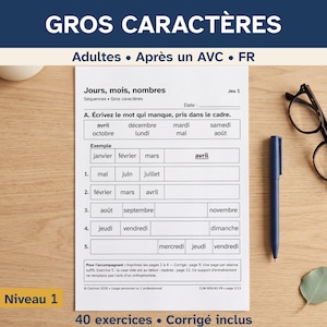 Exercices aphasie gros caractères, jours mois nombres, adultes après un AVC et seniors, séries automatiques niveau 1 image 1