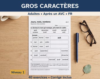 Exercices aphasie gros caractères, jours mois nombres, adultes après un AVC et seniors, séries automatiques niveau 1