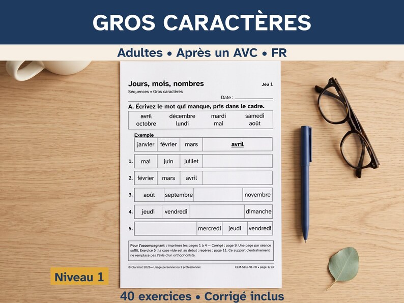 Exercices aphasie gros caractères, jours mois nombres, adultes après un AVC et seniors, séries automatiques niveau 1 image 1