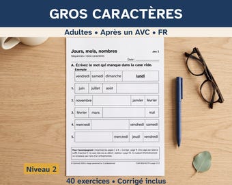 Ćwiczenia aphasie niveau 2, gros caractères, jours mois nombres sans modèle, Adultes après un AVC, PDF do druku