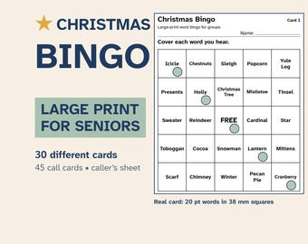 Christmas Bingo for Seniors, 30 Large-Print Cards with Caller Sheet, Activity Director Party Game PDF