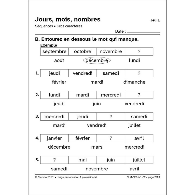Exercices aphasie gros caractères, jours mois nombres, adultes après un AVC et seniors, séries automatiques niveau 1 image 6
