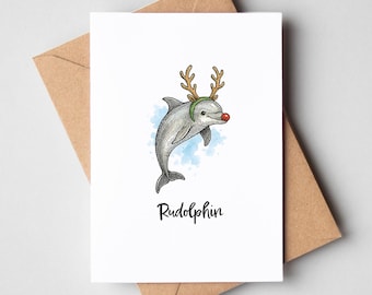 Dolfijn-kerstkaart - Rudolphin Illustrated Pun-kerstkaart [A6-formaat]