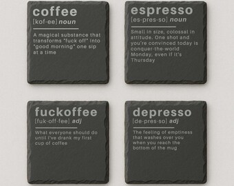 Set van 4 koffiedefinitieonderzetters - lasergeëtste leistenen onderzetters