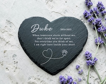 Gepersonaliseerde leisteen huisdierherdenkingshart met gedicht | 'Als morgen zonder mij begint' | Herdenkingscadeau hond of kat | Gegraveerde leisteen met pootafdruk