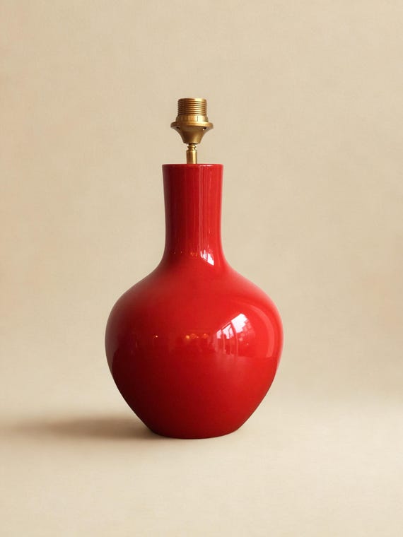 Red Ceramic Lamp Base | Handmade with Hand-Poured Cement Platform | Chinese-Inspired Style | Table Lamp