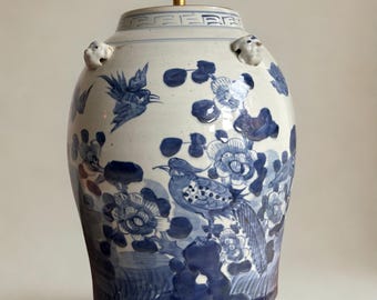 Hand-Painted Blue and White Flower Lamp | Chinoiserie Ceramic Decor