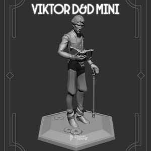 May include: A grayscale miniature figure of a man holding a book and cane, standing on a hexagonal base with gear details. The text "VIKTOR D&D MINI" is displayed above the figure. The figure is wearing a vest, trousers, and boots.