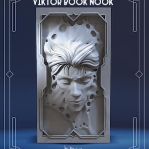 Op de afbeelding: Een grijze boekenhoek in art-decostijl met een gebeeldhouwd gezicht in een rechthoekig frame. De tekst "VIKTOR BOOK NOOK" staat bovenaan. Het ontwerp heeft een donkerblauwe achtergrond met een decoratieve rand.
