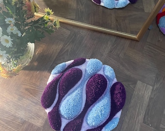 Handmade Tufted Mini Rug – Retro Purple & Blue Wavy Decor