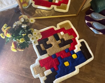 Handgemachter Mario Teppich als 8-Bit Pixel Art Dekor