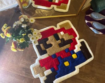 Alfombra de Mario con mechones – Decoración para gamers con estilo pixel art de 8 bits