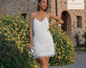 Sequin Feather Mini Dress, Bachelorette Party Outfit, Sparkly Tassel Cocktail Dress, Glamorous Birthday Dress, V-Neck Clubwear for Women