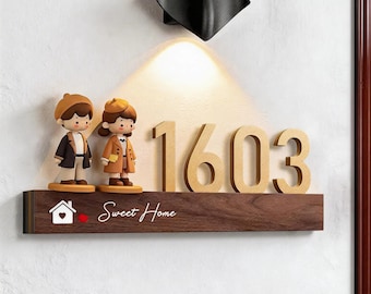 Personalisierte Acryl Hausnummer Schild mit Familie Puppen, kundenspezifische Türschild (LED Option)