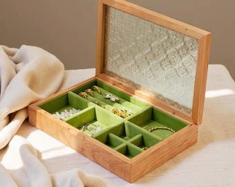 Durchsichtige Schmuckschatulle aus Massivholz mit Unterteilungen, 24x16,5 cm, Valentinstagsgeschenk