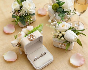 Künstliche Blumen Doppelring Box, Samt Hochzeit Vorschlag Halter