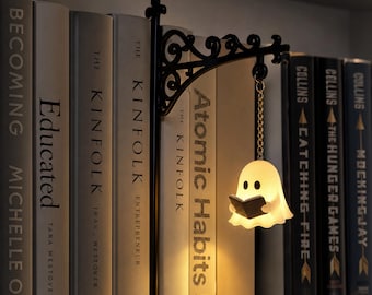 Gothic Victorian Hanging Bookend with Halloween Pumpkin Light – Vintage Scrollwork Iron Shelf Decor, No-Drill Ghost or Lamp Night Light,