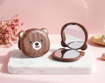 Art Deco Wooden Bear Compact Mirror, Handheld Folding Travel Makeup Mirror