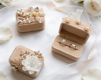 Samt Doppel-Ring-Box, künstliche Blume Andenken, Hochzeitsvorschlag Schmuck Halter