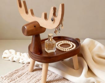 Handgemachter Walnuss-Rentier-Organizer | Schlüsselhalter & Schmuckhalter