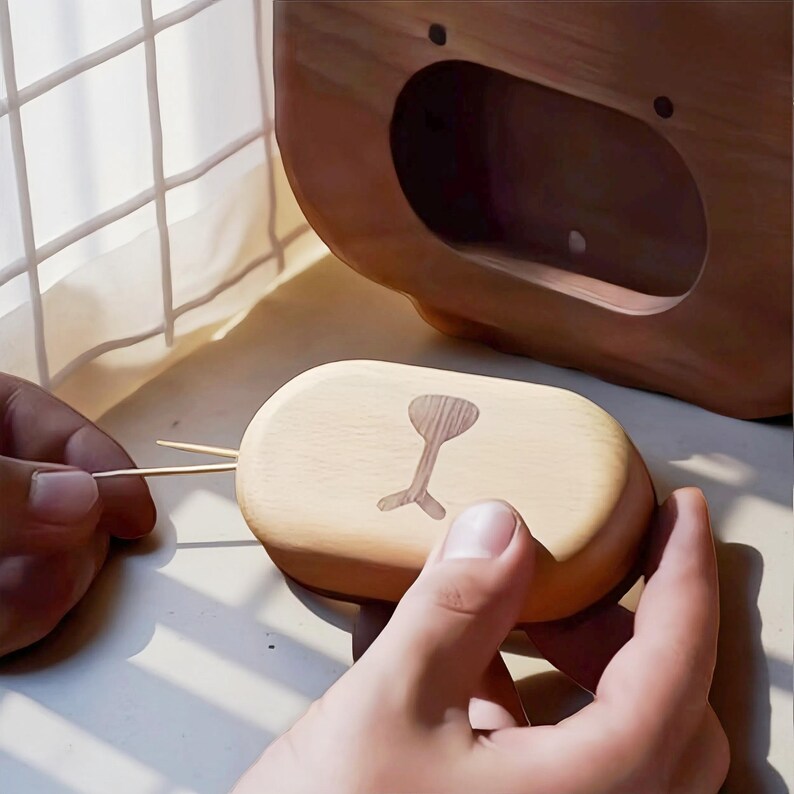 May include: A light-colored wooden toothpick holder with a bear face design. The holder is oval-shaped with a carved bear face on the lid. The image shows the lid being opened, revealing the toothpicks inside. The holder is made of light-colored wood.