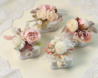 Kunstblumen-Ringbox - Samt-Doppel-Ringträgerbox für Hochzeitsvorschlag Geschenk