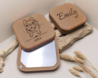 Personalized Wood Compact Mirror, Custom Engraved Gift, 2.56" Square Magnetic Closure