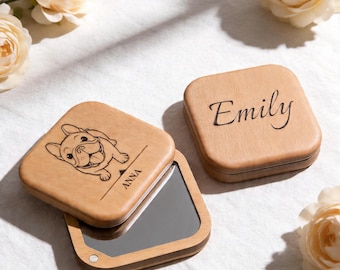 Espejo compacto de madera personalizado, regalo grabado a medida, cuadrado de 6,5 cm (2,56") con cierre magnético.
