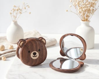 Wooden Bear Compact Mirror, Handheld Travel Mirror, Art Deco Style, Bridesmaid Gift