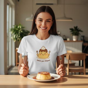 Süßes Pudding T-Shirt mit Gabel & Löffel- Lustiges Cartoon Food Shirt