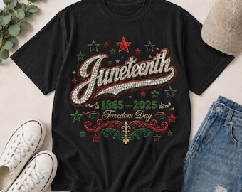 Camiseta con pedrería de colores cómodos para el Juneteenth de 1865, camiseta brillante del Día de la Libertad, camiseta estampada brillante para la celebración del Juneteenth, camiseta de la historia afroamericana