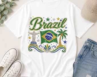 Camiseta de Brasil: Camiseta de Brasil color mostaza jaspeado, bandera DGTal estampada con diamantes de imitación, regalo retro para aficionados al fútbol brasileño en verde y amarillo, camiseta del Mundial de Fútbol 2026