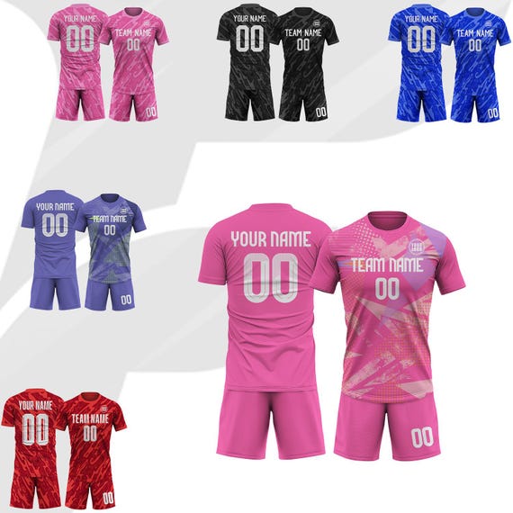 Personalized Soccer Jersey, Custom Team Name Number, Pink Soccer Jersey and Shorts for Men Women Youth Kids, Soccer Shirts, Goalie Jersey
