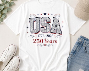 Camiseta del 250 aniversario de Estados Unidos con estampado de diamantes de imitación y bandera DGTal, camisetas de aniversario de Estados Unidos 1776-2026 para mujer, patrióticas brillantes, 4 de julio de EE. UU.
