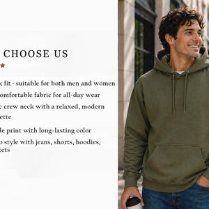 May include: An olive green hoodie with a front pocket and drawstring hood. The image includes text that reads "WHY CHOOSE US" and lists features like unisex fit, soft fabric, and easy styling.
