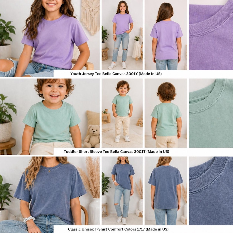 May include: A collection of short-sleeved t-shirts in various colors, including purple, seafoam green, and blue. The shirts are displayed on models of different ages. The text "Youth Jersey Tee Bella Canvas 3001Y", "Toddler Short Sleeve Tee Bella Canvas 3001T", and "Classic Unisex T-Shirt Comfort Colors 1717" is visible.