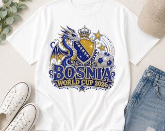 Camiseta de fútbol para aficionados de Bosnia 2026, sudadera de fútbol con estampado digital y diamantes de imitación, camiseta para aficionados al torneo internacional de fútbol World Soccer 2026
