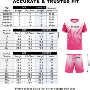 May include: Soccer jersey size chart with measurements in inches and suggested weights in pounds. Includes sizes for kids, youth, and adults. A pink soccer jersey and shorts are shown for reference.