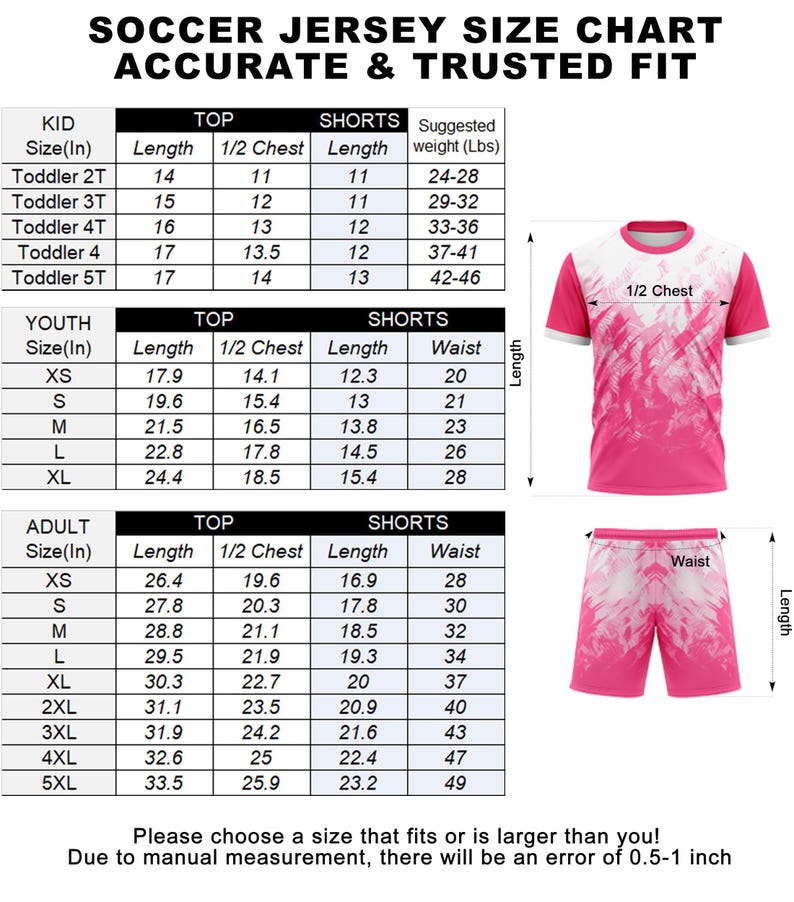 May include: Soccer jersey size chart with measurements in inches and suggested weights in pounds. Includes sizes for kids, youth, and adults. A pink soccer jersey and shorts are shown for reference.