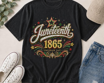 Camiseta de confort con diamantes de imitación del Juneteenth de 1865, camiseta brillante del Día de la Libertad, camiseta estampada brillante para la celebración del Juneteenth, camiseta de la historia afroamericana