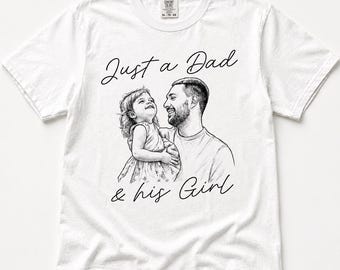 Camiseta personalizada con imagen familiar, camiseta vintage "Just a Dad", texto personalizado, foto, boceto a lápiz, niña, niño, papá, regalo del Día del Padre para papá.