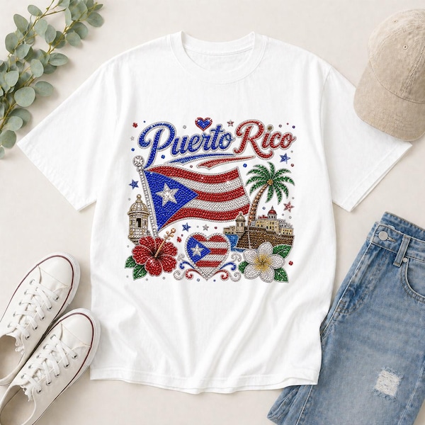Pureto Rico Shirt Rhinestone Print DGTal Flag, Flag Ladies Shirts, Patriotic Bling Sparkly, Gift For Women, Lover Pureto Rico Shirt