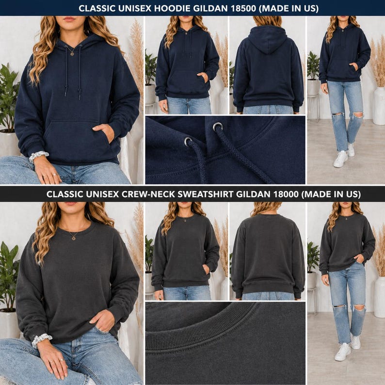 May include: Navy blue hoodie and charcoal crew-neck sweatshirt. The hoodie has a drawstring hood and a front pocket. The crew-neck sweatshirt has a round neckline and a front pocket. Both are shown from multiple angles. The text "CLASSIC UNISEX HOODIE GILDAN 18500 (MADE IN US)" and "CLASSIC UNISEX CREW-NECK SWEATSHIRT GILDAN 18000 (MADE IN US)" is visible.