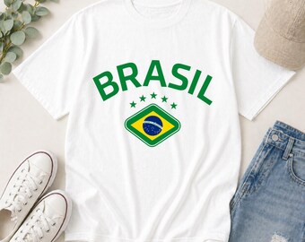 Camiseta de Brasil: Camiseta de Brasil color mostaza jaspeado, corte unisex, regalo retro para aficionados al fútbol brasileño en verde y amarillo, camiseta del Mundial de Fútbol 2026