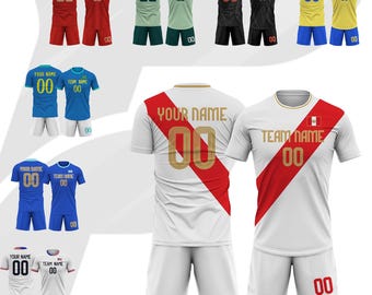 Camiseta y pantalones cortos de fútbol de Perú personalizados para hombres, mujeres, niños y jóvenes, uniforme del equipo con nombre, número y logotipo personalizados, camisetas nacionales de fútbol blancas y rojas.